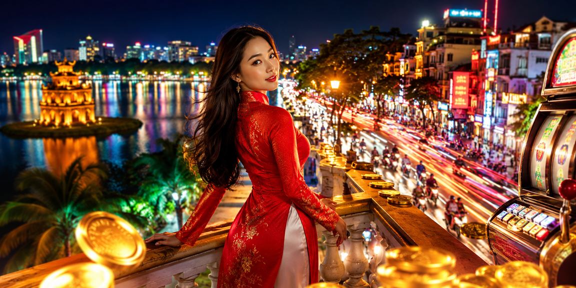 Màn hình slot game chủ đề áo dài Việt Nam với biểu tượng đặc trưng văn hóa